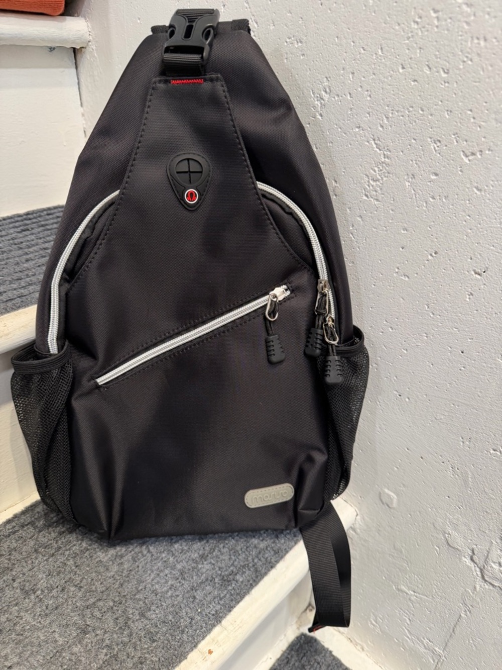New Black Sling Backpack with White Trim